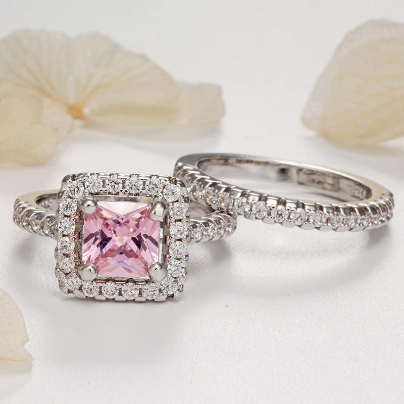 Htayekog 925 Sterling Silver Shiny Full Diamond Gemstone Ring Pink Ring 18K Gold 2PCS quadrate Cut Cubic Zirconia Promise Rings Set CZ Diamond Multi Row Ring Eternity Engagement Wedding Band Ring Sets（10） - Image 2